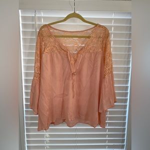 Pink bell sleeve blouse with tie front